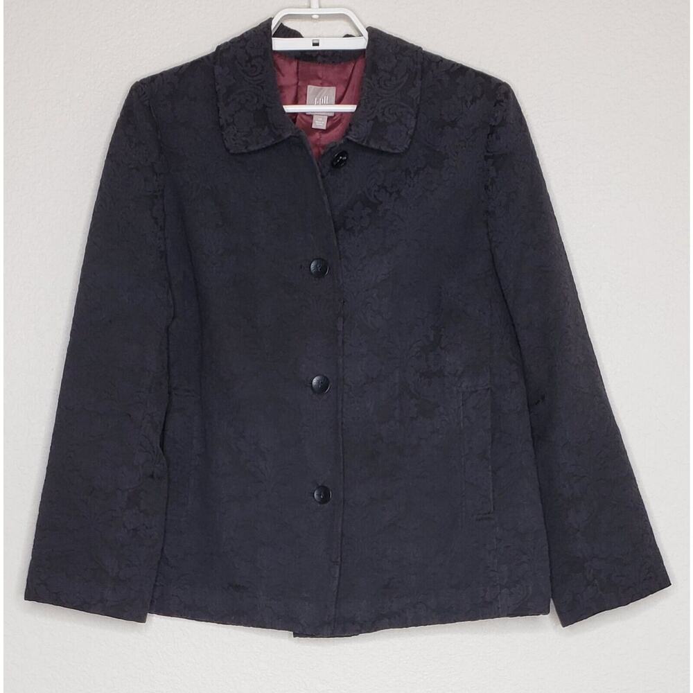 J.Jill Jacket Blazer Sz 10 L/S Black Damask Print Collared Button Front Lined
